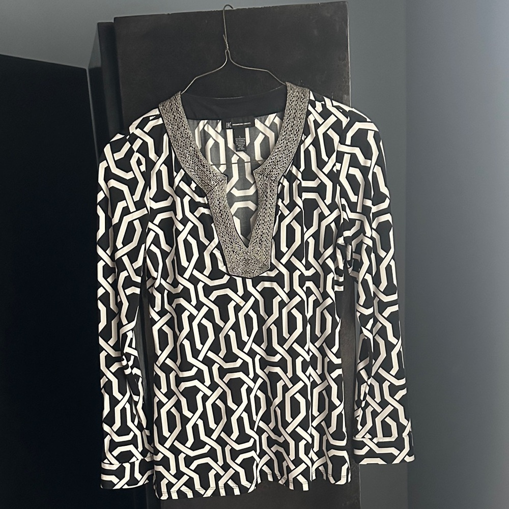 INC International Concepts Black & White Print Blouse with beaded neckline.